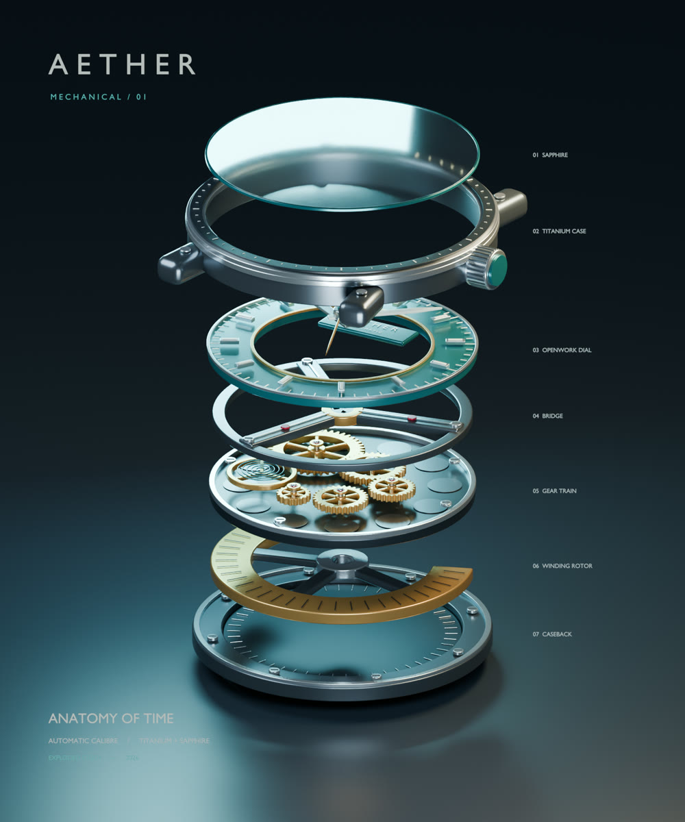 An automatic wristwatch pulled apart into seven layers: sapphire crystal, titanium case, openwork dial, bridge, gear train, winding rotor and caseback