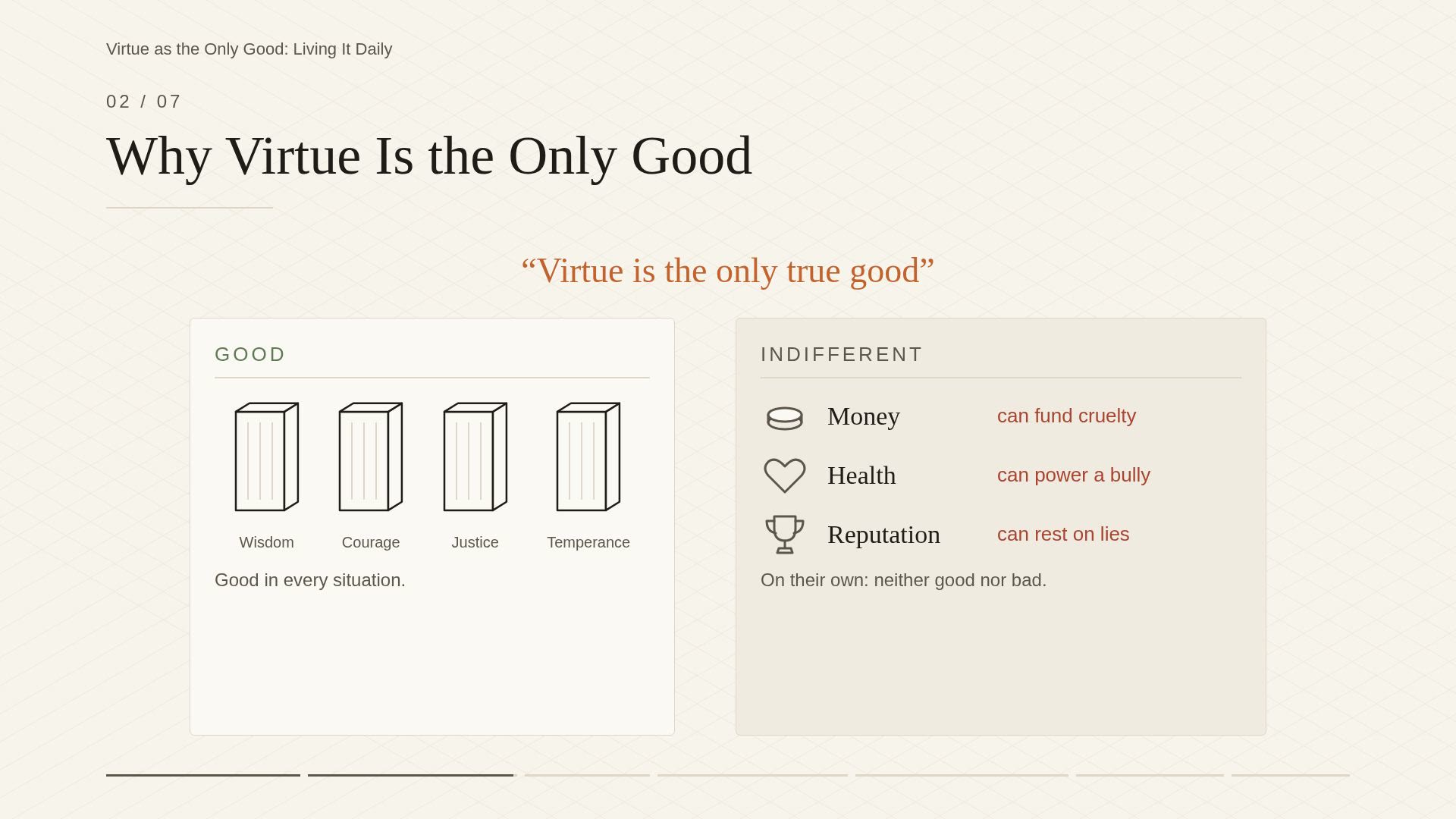 A frame from lesson 3, Virtue as the Only Good: Living It Daily